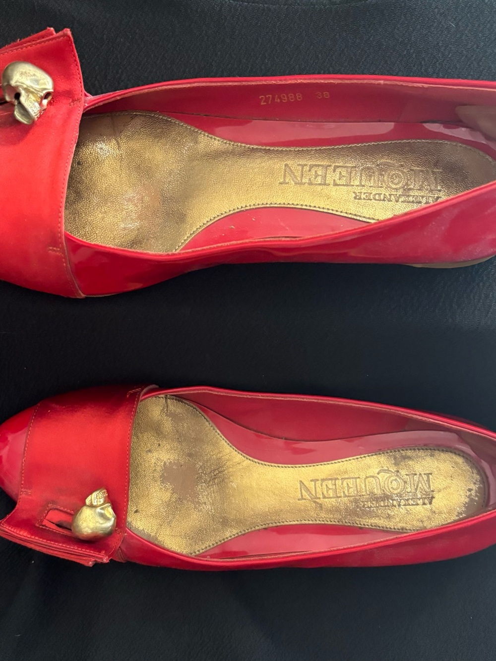 Alexander McQueen Red Satin Flats with Gold Skull Detail